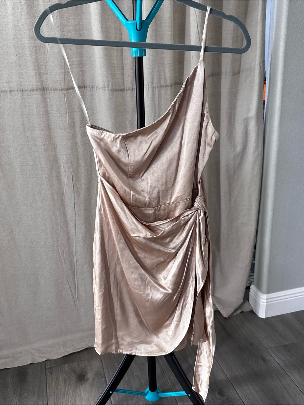 NWT Shore One-Shoulder Satin Cocktail Dress in Nude